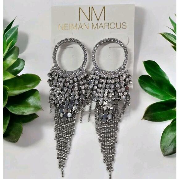 Neiman Marcus Crystal Chandelier Earrings Round Clear Rhinestone Silver 3" NWT - Picture 1 of 8